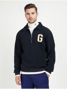 GANT - Men Navy Blue Textured Spread Collar Hoodie