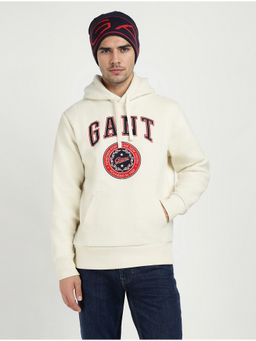 GANT - Men Cream Fleece Logo Print Hoodie