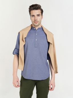 GANT - Men Denim Blue Oxford Solid Mandarin Collar Shirt