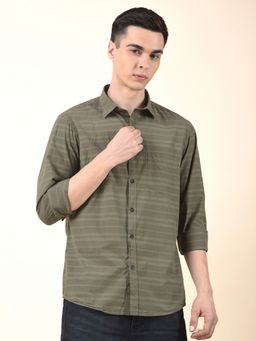 Cantabil - Men Olive Cotton Stripes Casual Shirt