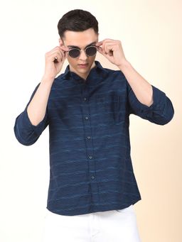 Cantabil - Men Blue Cotton Stripes Casual Shirt