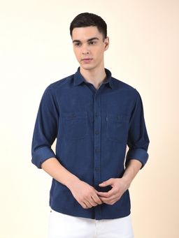 Cantabil - Men Navy Blue Cotton Textured Casual Shirt