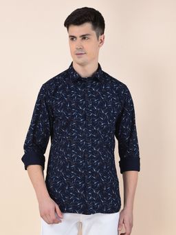 Cantabil - Men Navy Blue Cotton Abstract Casual Shirt