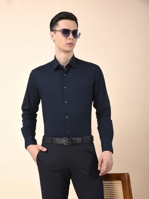 Cantabil Men Navy Blue Cotton Solid Formal Shirt
