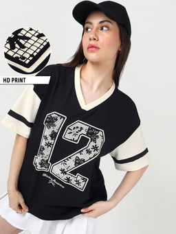 Bewakoof - Women Black-Off White Graphic Printed Oversized T-shirt