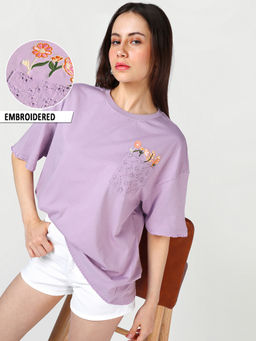 Bewakoof - Women Fair Orchid Lavender Embroidered Oversized T-shirt