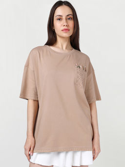 Bewakoof - Women Warm Brown Embroidered Oversized T-shirt