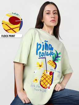 Bewakoof - Women Fog Green Pinacolada Graphic Printed Oversized T-shirt