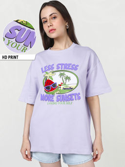 Bewakoof - Women Lavender Thistle Less Stress Graphic Printed Oversized T-shirt