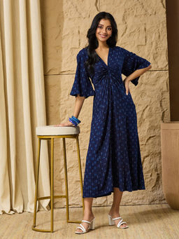 Fabindia - Women Indigo Viscose Dabu Polka Printed Midi Dress