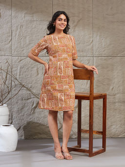 Fabindia - Women Multi-Color Cotton Linen Paisley Printed Dress