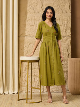 Fabindia - Women Olive Cotton Floral Embroidered Midi Dress