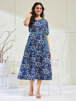 Fabindia - Women Indigo Cotton Dabu Floral Printed Midi Dress with Belt
