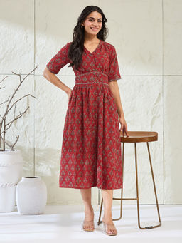 Fabindia - Women Red Cotton Floral Ajarkh Printed Midi Dress