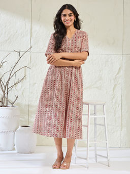 Fabindia - Women Red Cotton Bagh Printed Midi Dress