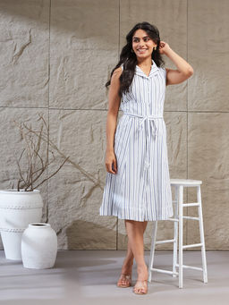 Fabindia - Women White Cotton Striped Printed Midi Dress with Belt