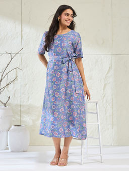 Fabindia - Women Blue Cotton Silk Floral Printed Midi Dress with Belt