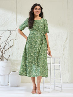 Fabindia - Women Green Cotton Silk Floral Printed Midi Dress with Belt