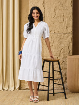 Fabindia - Women White Cotton Embroidered Midi Dress with Inner