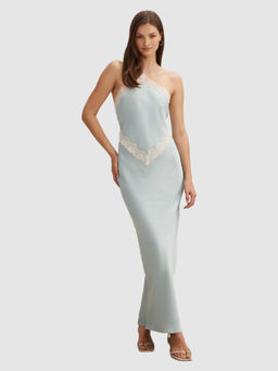Forever New - Women Blue Kelli Self Design Lace Satin Maxi Dress