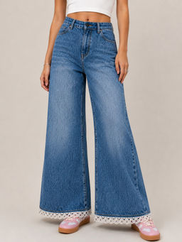 Bene Kleed - Women Blue Scalloped Lace Wide Leg Jeans