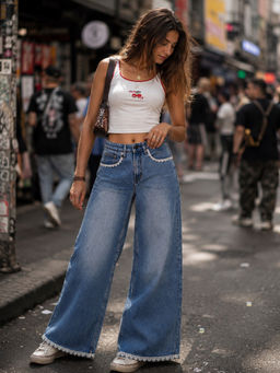 Bene Kleed - Women Blue Crochet Lace Wide Leg Jeans