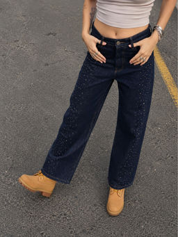 Bene Kleed - Women Navy Blue Stud Embellished Relaxed Fit Jeans