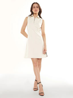 Calvin Klein - Women Off White Cotton Polo Collar A-Line Dress