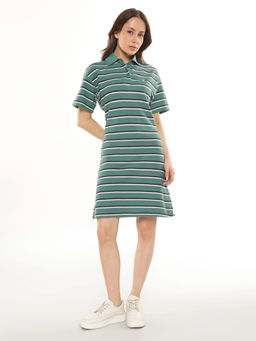 Calvin Klein - Women Green Cotton Stripes Polo Collar T-shirt Dress