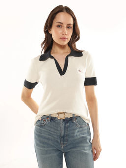 Calvin Klein - Women Off White Regular Fit Cotton Polo Collar Sweater