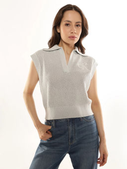 Calvin Klein - Women Grey Regular Fit Cotton Polo Collar Sweater