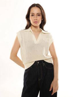 Calvin Klein - Women Cream Regular Fit Cotton Polo Collar Sweater