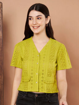 CHARMGAL - Women Lime Green Cotton Schiffli Crop Top