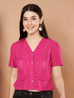 CHARMGAL - Female Hot Pink Cotton Schiffli Crop Shirt
