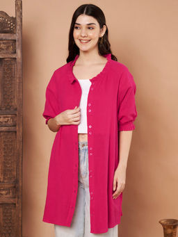 CHARMGAL - Female Hot Pink Cotton Short Sleeves Long Shirt