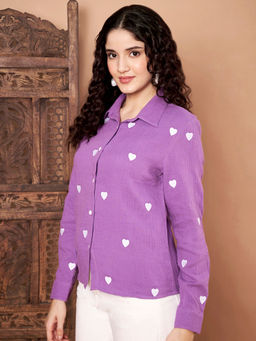 CHARMGAL - Female Purple Cotton Heart Embroidered Detail Shirt