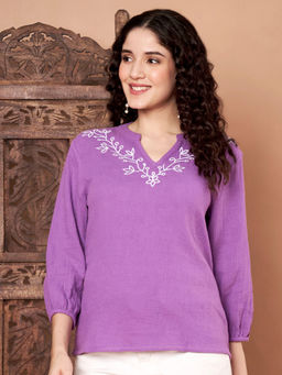 CHARMGAL - Women Purple Cotton Embroidered Top