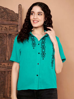 CHARMGAL - Female Green Cotton Embroidered Detail Shirt