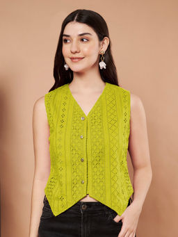 CHARMGAL - Women Green Cotton Self Design Full Sleeve Crop Top
