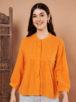 CHARMGAL - Women Orange Cotton Relaxed Fit Top