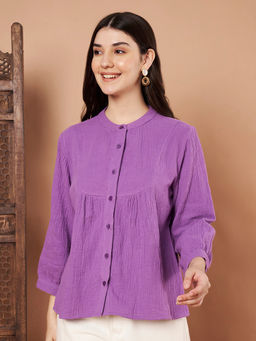 CHARMGAL - Women Purple Cotton Button Top