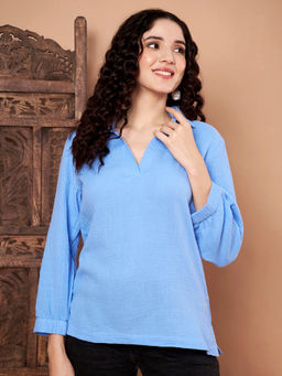 CHARMGAL - Women Blue Solid Cotton Collared Top