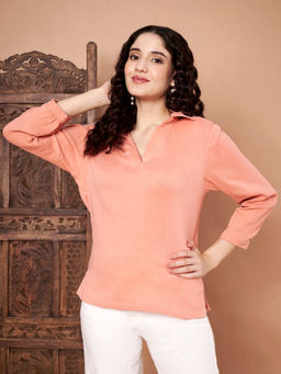CHARMGAL - Women Peach Solid Cotton Collared Top