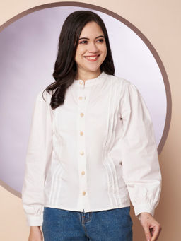 CHARMGAL - Women White Cotton Pintuck Button Shirt