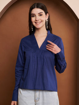 CHARMGAL - Women Navy Blue Solid Cotton Top