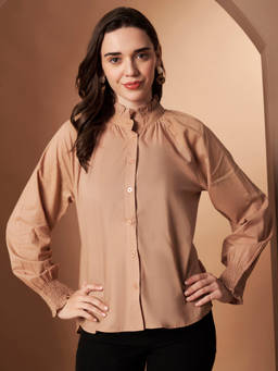 CHARMGAL - Female Brown Cotton Ruffle Neck Shirt