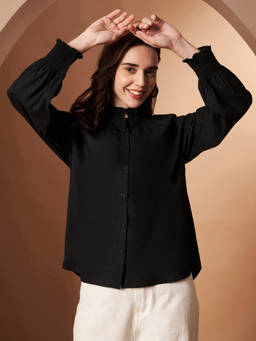 CHARMGAL - Female Black Cotton Ruffle Neck Shirt