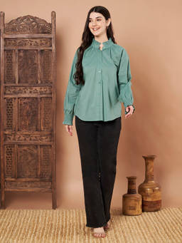 CHARMGAL - Female Green Cotton Ruffle Neck Shirt