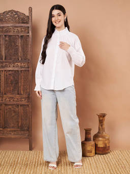 CHARMGAL - Female White Cotton Ruffle Neck Shirt
