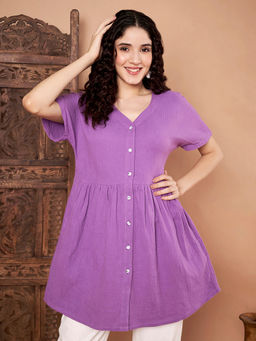CHARMGAL - Women Purple Solid Shirt Style Top